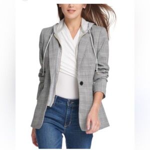 DKNY Gray Checkered Blazer with Hoodie
